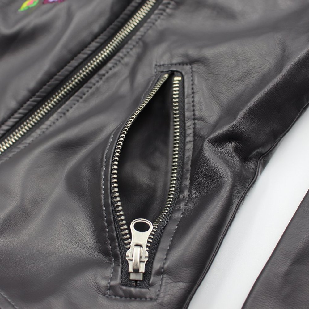 C&C California Dark Grey Embroidered Faux Leather Girls Biker Jacket Size 12 - Picture 7 of 11